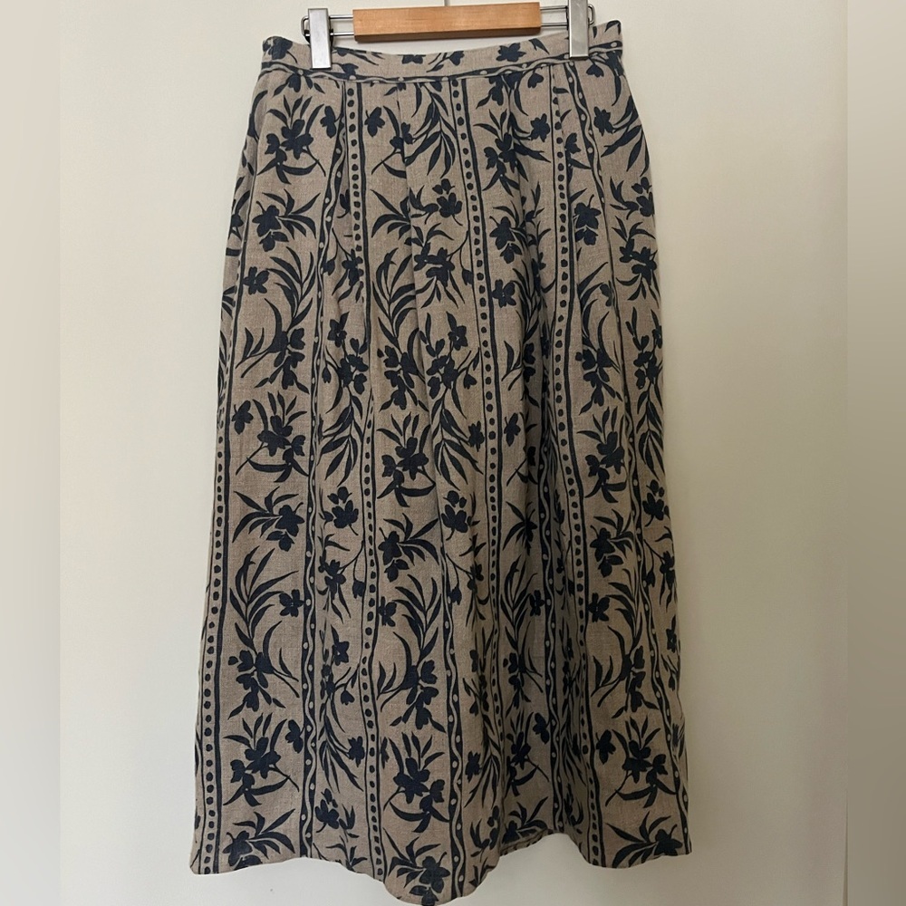 Floral Linen Blend Midi A-Line Tailored Skirt Blue/Khaki/Beige M